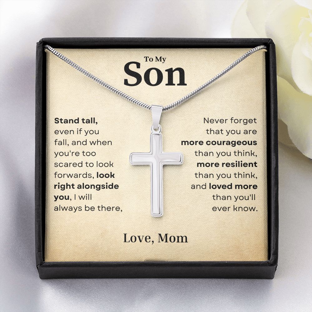 Stand Tall Even If You Fall Crafted Cross Necklace Gift For Son From Mom - Precious Engraved
