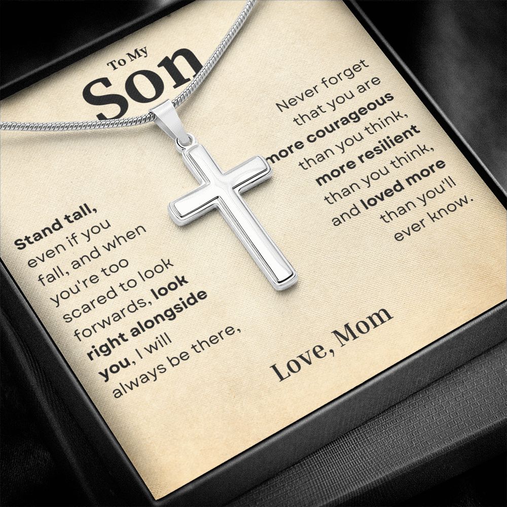 Stand Tall Even If You Fall Crafted Cross Necklace Gift For Son From Mom - Precious Engraved