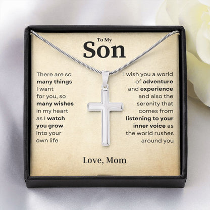 Wishes From My Heart Crafted Cross Necklace Gift For Son From Mom - Precious Engraved